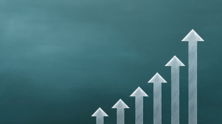 This image features a series of ascending arrows on a chalkboard, symbolizing growth, success, and progress, perfect for projects related to business and finance themes.の素材