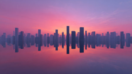 A breathtaking cityscape at dusk featuring modern buildings silhouetted against a vibrant sunset, creating a tranquil urban landscape reflected in still water.の素材