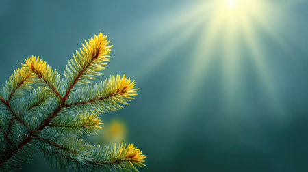 A stunning close-up of a fresh evergreen branch showcasing vibrant green needles, beautifully illuminated by soft sunlight against a serene, blurred background.の素材