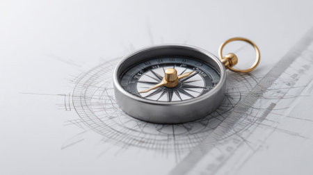 A vintage compass accentuates a detailed technical drawing, symbolizing exploration, navigation, and adventure. Perfect for themes of travel and precision.の素材