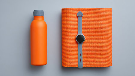 An eye-catching arrangement of fitness accessories on a textured background, representing an active lifestyle with a focus on wellness, hydration, and style.の素材