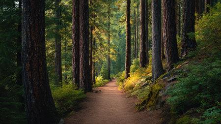 A peaceful forest pathway invites exploration through tall trees and lush greenery, creating a serene atmosphere perfect for hiking and outdoor adventures.の素材