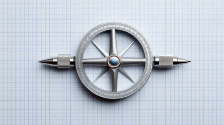Silver compass tool paired with elegant pens on a graph paper backdrop, ideal for precision tasks in navigation, design, and engineering projects. A versatile addition to any workspace.の素材