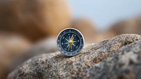 A detailed close-up of a compass resting on rough rocks in an outdoor setting, symbolizing adventure, navigation, and the beauty of nature's landscapes.の素材