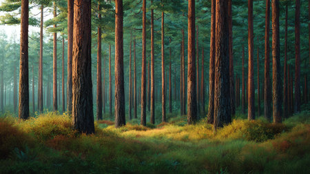 Captivating forest scenery featuring tall pine trees illuminated by soft sunlight, creating a tranquil atmosphere perfect for nature lovers and outdoor enthusiasts.の素材