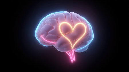 This vibrant image illustrates the relationship between emotion and intellect, with a brain design integrated with a heart shape, showcasing modern views on mental health and emotional balance.の素材