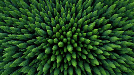 Mesmerizing aerial view of a dense forest, showcasing the intricate patterns and textures of vibrant green trees, ideal for nature-themed projects and backgrounds.の素材
