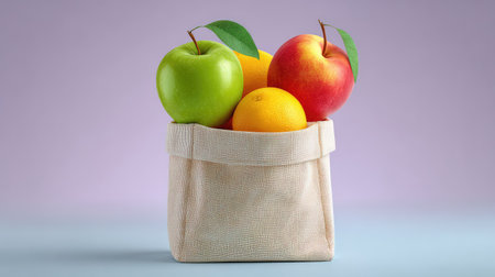 A visually appealing arrangement of fresh fruits, including apples and oranges, in a natural fabric bag, set against a soft purple background, highlighting health and nutrition.の素材