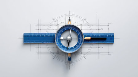 This image showcases essential measurement tools like a protractor and ruler, complemented by precise technical drawings and blueprint grids, ideal for engineering projects.の素材