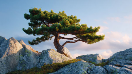 A majestic pine tree stands unwavering amidst rocky formations, capturing the essence of resilience and tranquility in nature's breathtaking landscape during the golden hour.の素材