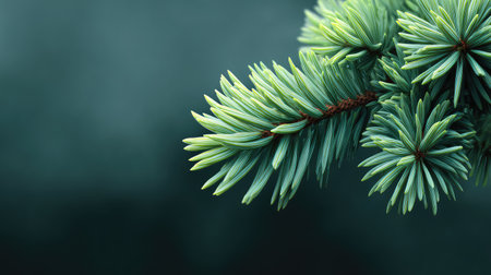 A detailed close-up of a fresh evergreen needle showcases its vibrant green color against a softly blurred background, ideal for nature and botanical themes in photography.の素材