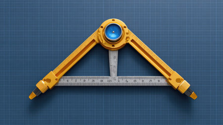 A visually striking triangular scale ruler ready for precise measurements and drawings, perfect for engineering projects and architectural designs against a blueprint backdrop.の素材