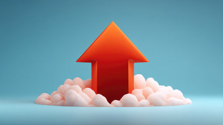 A vivid orange arrow emerges from soft pink clouds against a serene light blue backdrop, representing upward movement, growth, and aspiration in various contexts.の素材