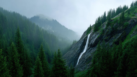 Experience the serene beauty of a majestic waterfall as it tumbles down rocky terrain, embraced by lush greenery and misty mountains, creating a tranquil outdoor landscape.の素材