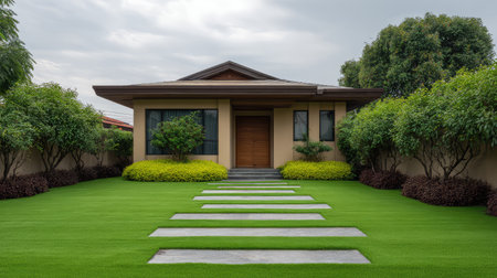 This image features a modern house with a vibrant green lawn and a stylish stone walkway, framed by lush trees, creating a serene and inviting outdoor atmosphere.の素材