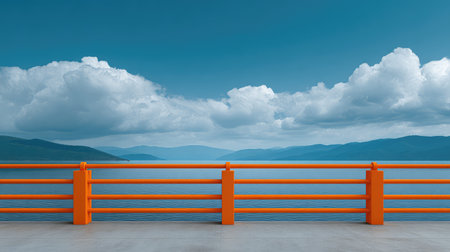 A stunning scene showing an orange railing overlooking calm waters, set against majestic mountains and fluffy clouds under a clear blue sky, evoking feelings of peace and tranquility.の素材