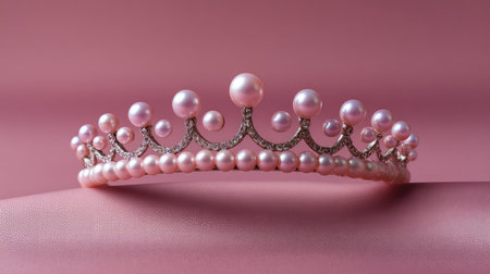 Captivating pink tiara adorned with pearls, set against a soft pastel background, perfect for evoking elegance and charm in special occasions and fashion photography.の素材