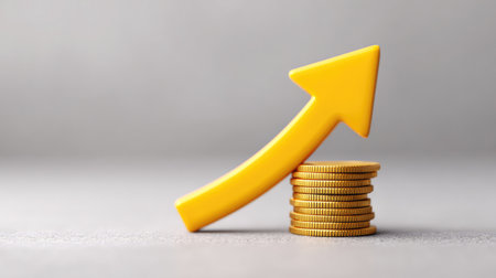 A visually engaging image featuring a stack of gold coins and a rising arrow, representing financial growth and investment opportunities in a dynamic business environment.の素材