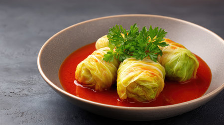 Indulge in a plate of savory cabbage rolls nestled in rich tomato sauce, elegantly garnished with fresh parsley, perfect for food lovers and culinary enthusiasts.の素材