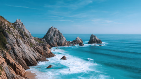 Captivating coastal scene showcasing majestic rock formations and gentle ocean waves, reflecting the soothing beauty of nature in a serene, sunlit environment.の素材