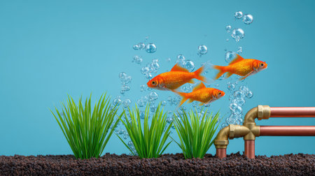 Three vibrant goldfish glide gracefully through bubbles with lush aquatic plants near glistening copper pipes, creating a calming aquarium scene.の素材