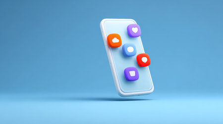 A modern smartphone displays colorful app icons floating against a soft blue background, representing the digital connections and lifestyle of todayの素材