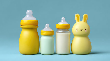 A charming arrangement of colorful baby bottles in shades of yellow and light green alongside an adorable bunny toy, perfect for themes of parenting and childcare in stock imagery.の素材