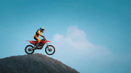 A daring motocross rider dressed in bright yellow gear performs an impressive stunt on a dirt bike, skillfully navigating the elevated terrain under a beautiful blue sky.の素材