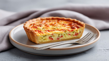 A beautifully presented slice of savory quiche featuring vibrant vegetables on a clean plate, with a fork on the side, showcasing gourmet cooking and culinary creativity.の素材