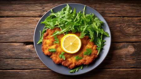 A beautifully presented fried meat dish garnished with a lemon slice and fresh arugula. Perfect for showcasing comfort food in a rustic setting.の素材