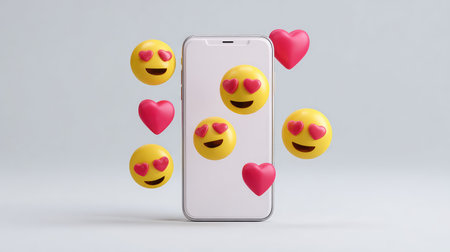 A vibrant smartphone stands against a soft background, surrounded by floating smiley emojis and heart icons, symbolizing love and digital connection in today's world.の素材