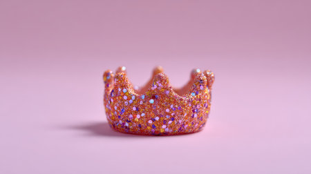 A charming sparkly pink crown sits against a soft pink background, perfect for creative projects, celebrations, and playful designs, adding a touch of joy and whimsy.の素材