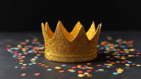 A radiant golden crown glimmers with glitter, set against a dark surface, surrounded by a cascade of colorful confetti, perfect for festive celebrations and special events.の素材