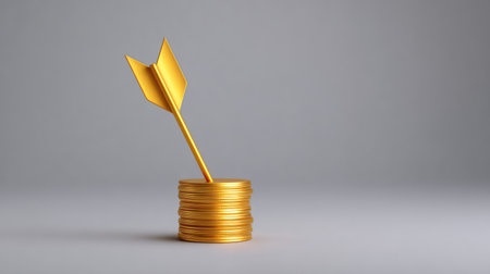 A striking golden arrow protrudes from a stack of coins, visually illustrating the concepts of financial success, strategic investment growth, and economic prosperity.の素材