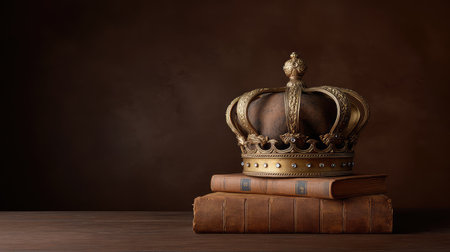 A majestic golden crown placed on antique leather books creates a stunning visual of elegance and history, perfect for themes of royalty and sophistication.の素材