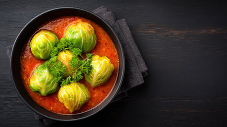 Indulge in these freshly cooked cabbage rolls nestled in rich tomato sauce, garnished with vibrant parsley, perfect for a wholesome and satisfying meal.の素材