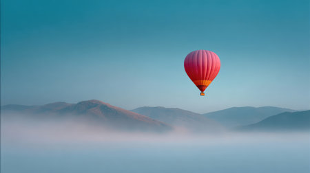A vibrant hot air balloon glides gracefully above a tranquil mountain landscape enveloped in mist, showcasing the beauty and peace of nature at dawn.の素材