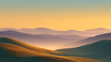 A tranquil landscape captured at dusk featuring rolling hills and gentle mountains. Soft hues blend beautifully, creating a serene atmosphere perfect for relaxation and inspiration.の素材