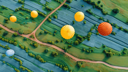 Stunning aerial view of vibrant hot air balloons soaring over expansive green fields, embodying adventure and the beauty of nature in a clear blue sky landscape.の素材