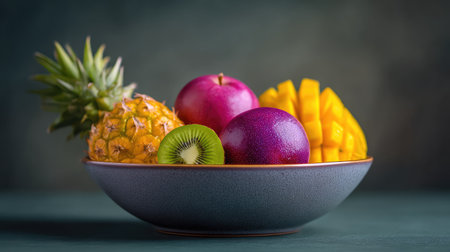A stunning composition of fresh tropical fruits including pineapple, mango, kiwi, and plums presented in a stylish bowl, perfect for a healthy and vibrant lifestyle.の素材