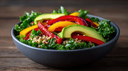 A vibrant vegetable salad featuring quinoa, creamy avocado, and colorful bell peppers. Perfect for those seeking healthy and nutritious meal options. Ideal for food photography.の素材