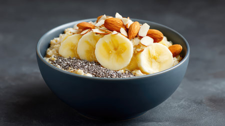A visually appealing breakfast bowl featuring oats, fresh banana slices, chia seeds, and crunchy almonds, perfect for a healthy start to your morning routine.の素材