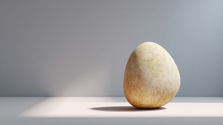 A beautifully crafted stone egg sculpture rests on a minimalist platform, illuminated by soft lighting, creating a tranquil atmosphere ideal for artistic explorations and modern design inspiration.の素材