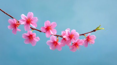 A beautiful branch of cherry blossoms featuring delicate pink flowers contrasts with a soft blue background, symbolizing the elegance and tranquility of springtime.の素材