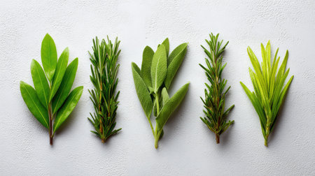 A beautiful display of fresh green herbs, showcasing the unique shapes and textures of rosemary, sage, and other fragrant varieties ideal for cooking and enhancing dishes.の素材