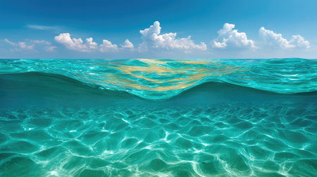 Stunning view of a calm ocean showcasing crystal clear water and gentle waves, illuminated by sunlight, creating a tranquil and idyllic atmosphere perfect for relaxation and exploration.の素材