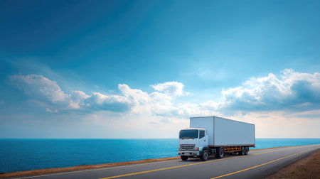A calm coastal scene featuring a white delivery truck on a serene road, accompanied by stunning views of the ocean and sky, ideal for transport-themed projects.の素材