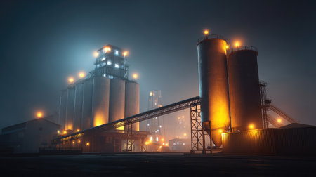 A captivating view of an industrial complex illuminated at night, featuring towering silos and a conveyor system, enveloped in a mysterious fog that enhances the atmosphere.の素材