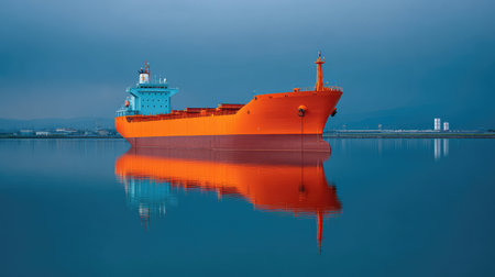 An impressive orange cargo ship gently rests in calm waters, reflecting its vibrant colors against a serene backdrop, ideal for maritime themes and tranquil imagery.の素材