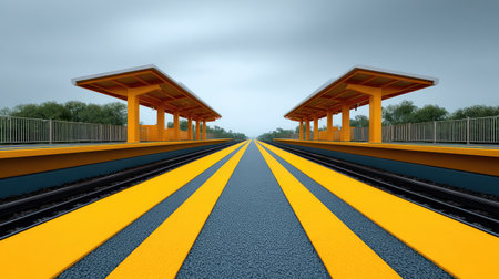 This image showcases a vibrant railway station platform with bold yellow stripes and a serene atmosphere. The modern architectural design creates a striking visual against the cloudy sky.の素材
